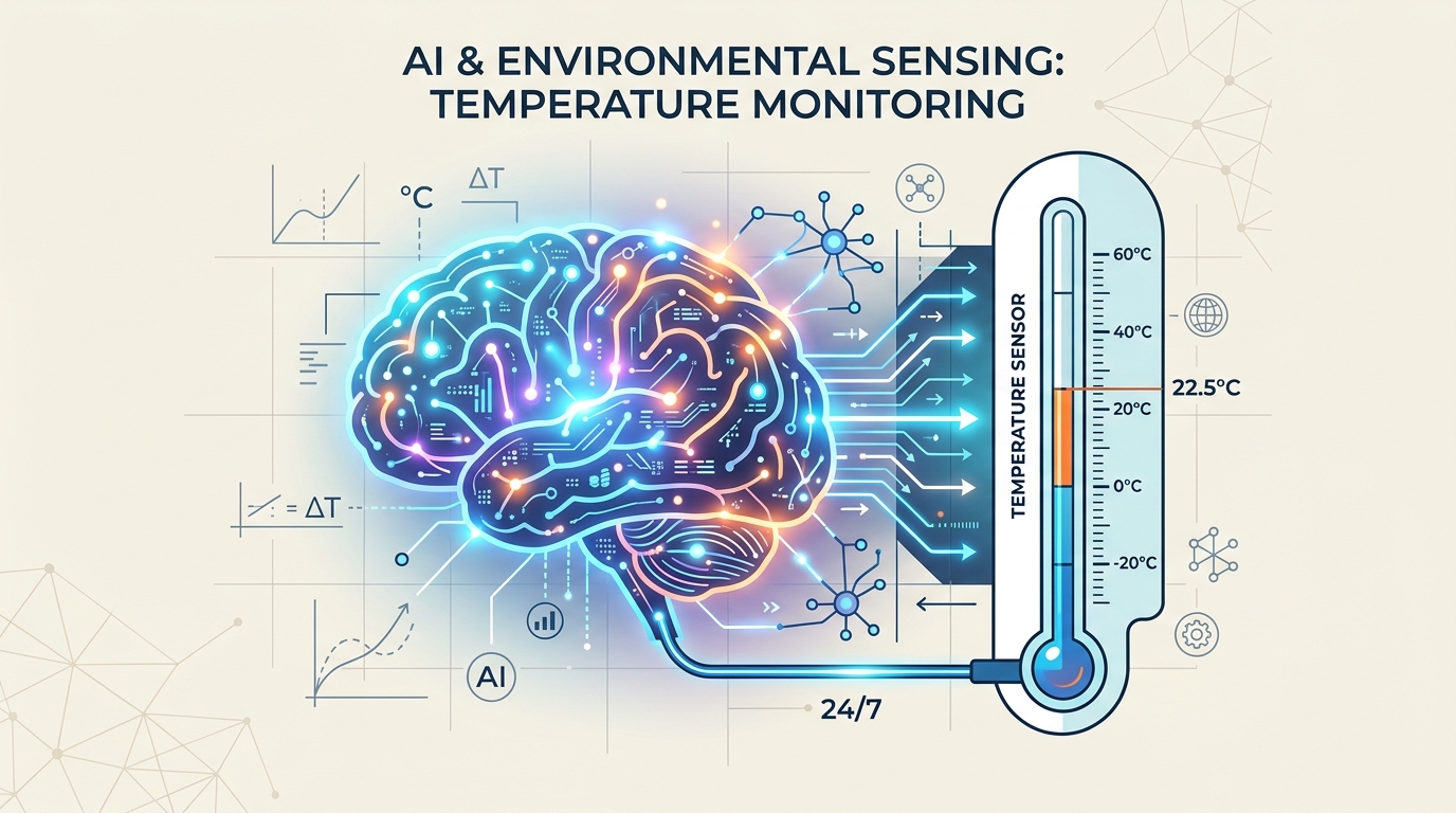 A minimalist, academic vector illustration showing a glowing AI brain connected to a thermometer representing 'temperature' settings. Beside it, text tokens are being generated in sequence. Soft pastel colors, accent red, clean white background, educational technology concept.